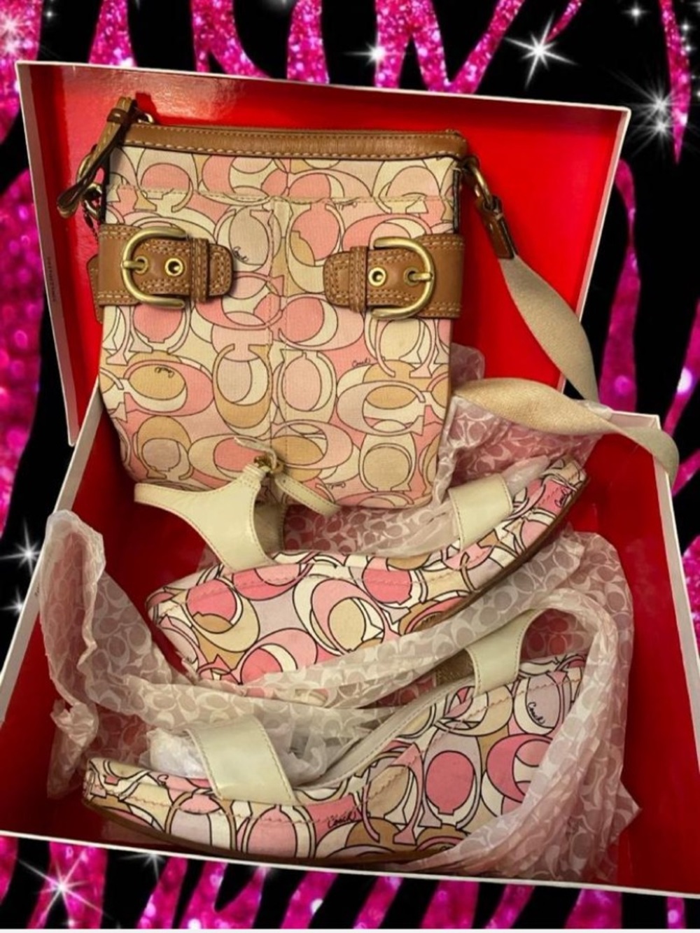 Coach Pink Signature Canvas Crossbody and Sandal Set